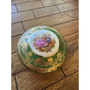 Vintage Limoges France Trinket Box Green Courting Couple Fragonard Porcelain